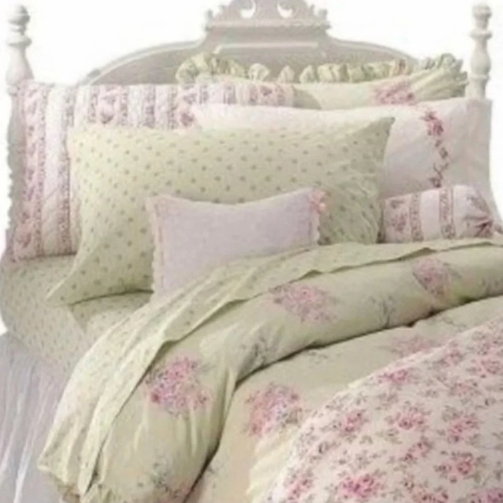 Simply Shabby Chic Blush Beauty King Size Flat Sheet Green Pink Rosebuds Cotton